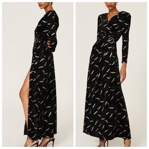 Bronx and Banco Black Glitter Long Sleeve Carina Velvet Gown Dress Belt Medium